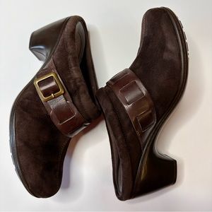 Clarks Bendables Brown Mules Clogs Suede Buckle